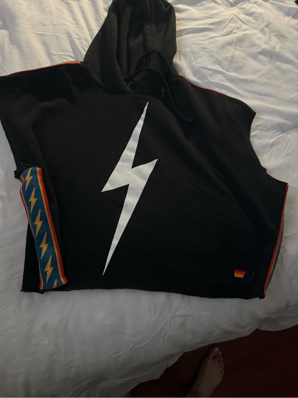Avia Black Hoodie Sweatshirt with White Lightning Bolt and Multicolor Trim